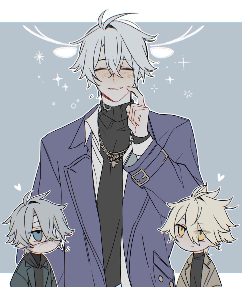 3boys, antenna_hair, black_sweater, blonde_hair, chibi, closed_eyes, coat, facing_away