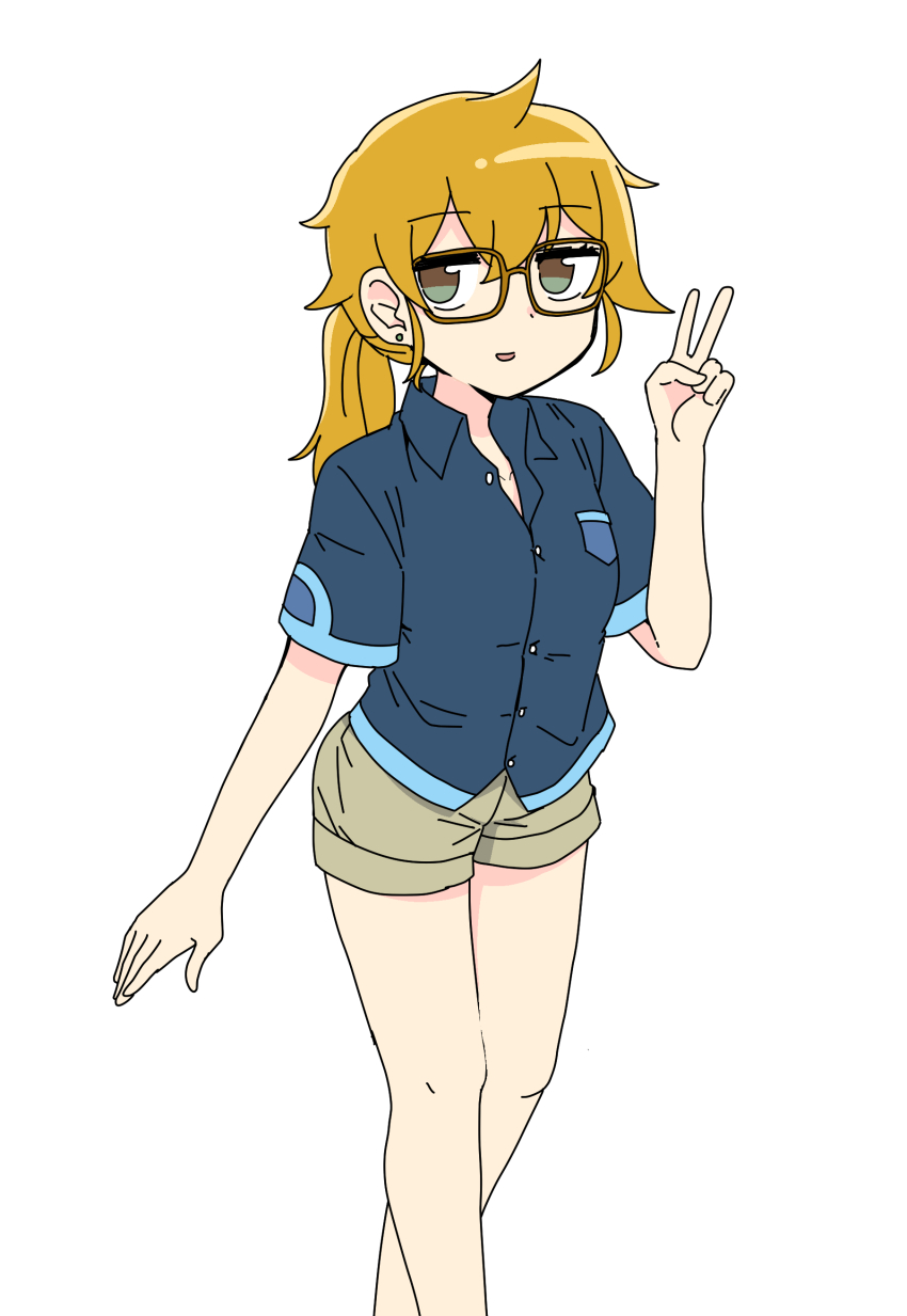 1girl, absurdres, blue_shirt, breast_pocket, brown-framed_eyewear, brown_hair, buttons, chan_chiho