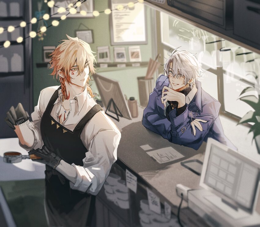 2boys, absurdres, antenna_hair, apron, black_apron, black_sweater, blue_eyes, coat