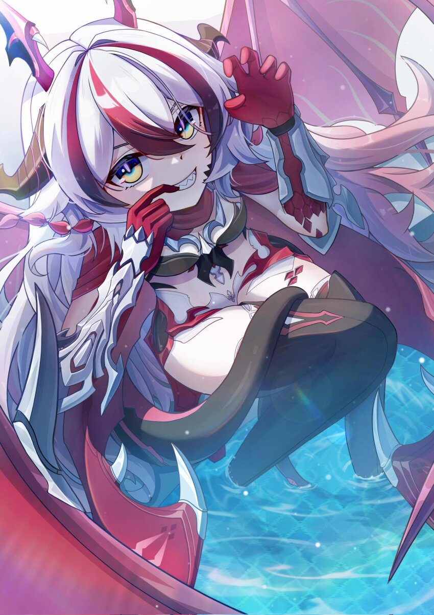 1girl, :d, ang55523671, armor, bikini_armor, black_hair, black_thighhighs, breasts