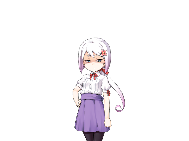 1girl, annoyed, arm_at_side, blue_eyes, breasts, closed_mouth, collared_shirt, game_cg