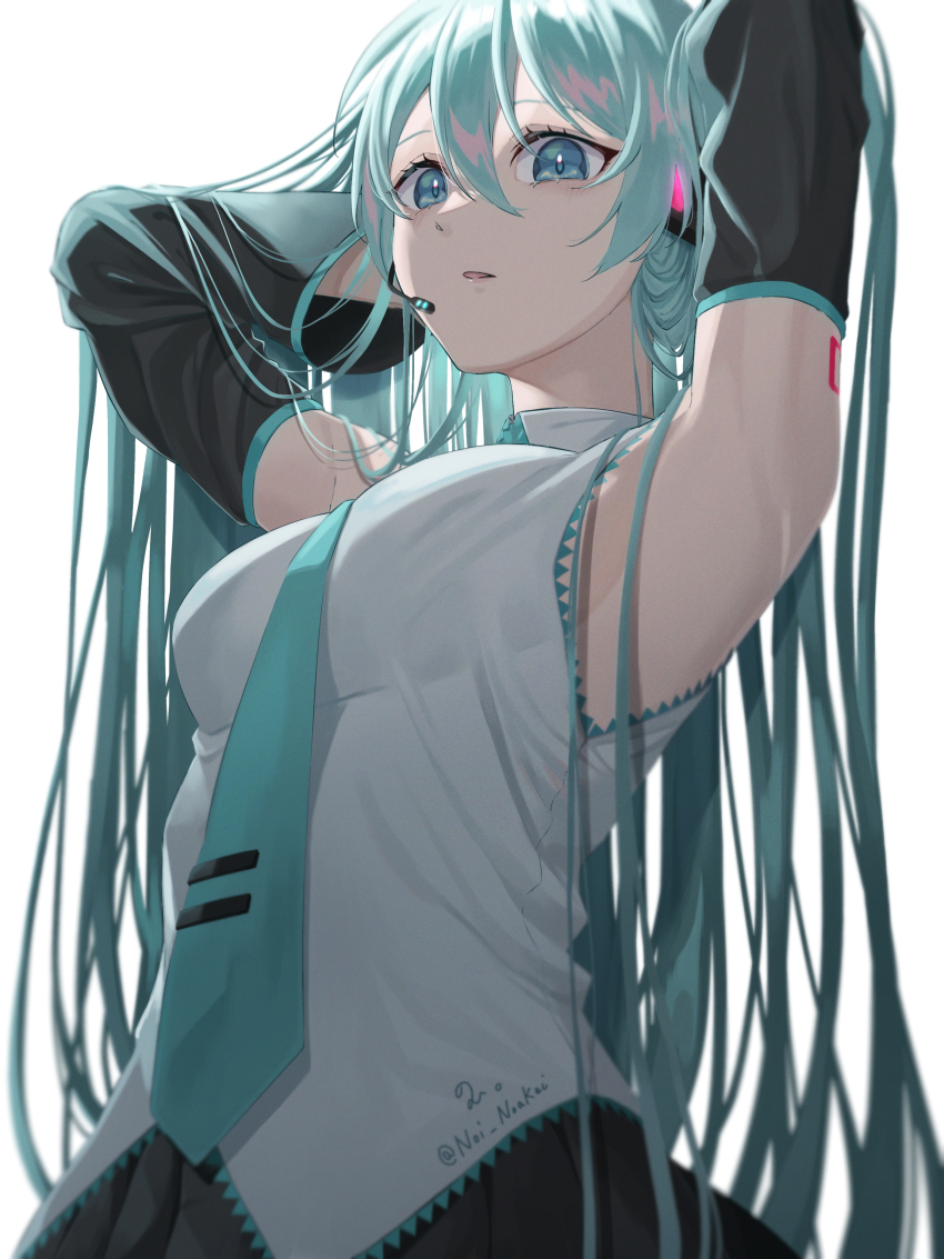 1girl, absurdres, alternate_costume, aqua_eyes, aqua_hair, aqua_necktie, aqua_trim, arm_tattoo