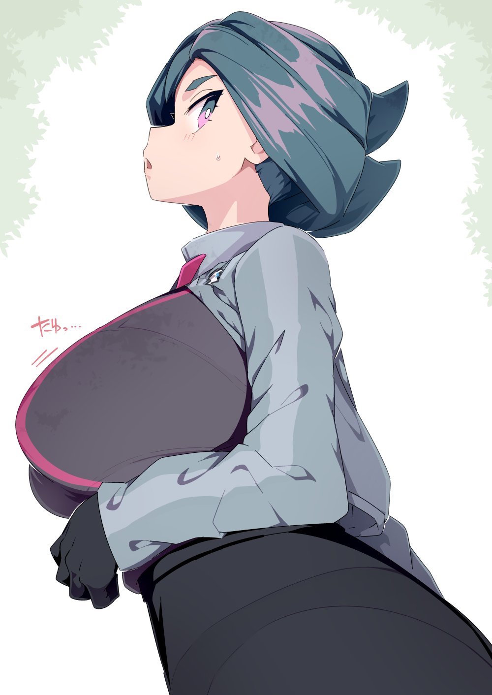 1girl, alternate_breast_size_(larger), bra_visible_through_clothes, breasts, commentary, from_side, gloves, green_eyes, green_hair, highres, huge_breasts, jacket, long_hair, looking_at_viewer, mature_female, nintendo, onia_(pokemon), open_mouth, panties_visible_through_clothes, pink_eyes, pokemon, pokemon_(anime), pokemon_horizons, see-through_clothes, skirt, solo, sweatdrop, tottotonero, white_background