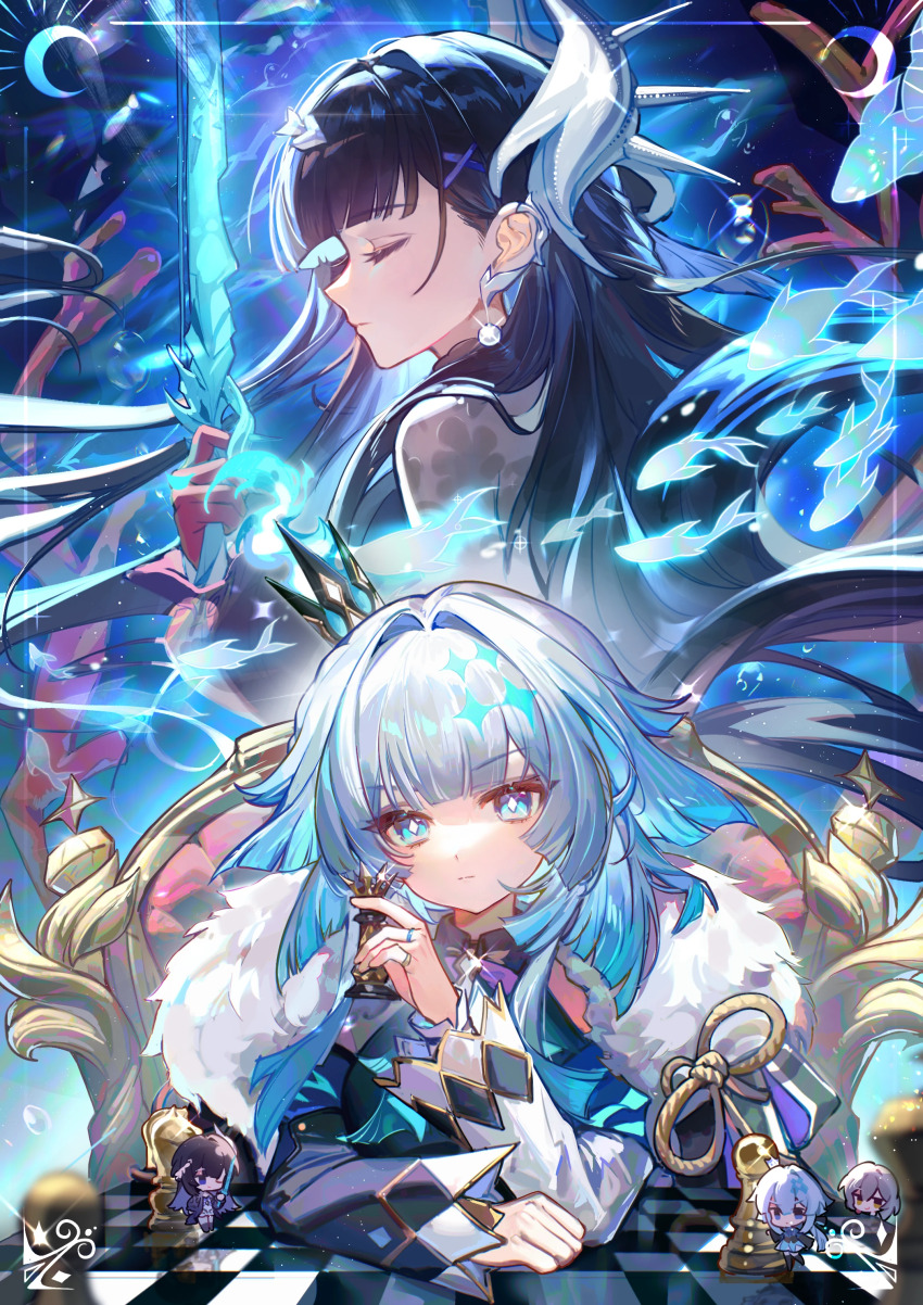 3girls, absurdres, art_relay, artist_collaboration, b_ga_b_ga_b, bad_bilibili_link, bad_link, black_hair