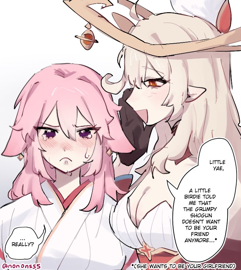 2girls, alice_(genshin_impact), animal_ears, bare_shoulders, blush, breasts, closed_mouth, dress