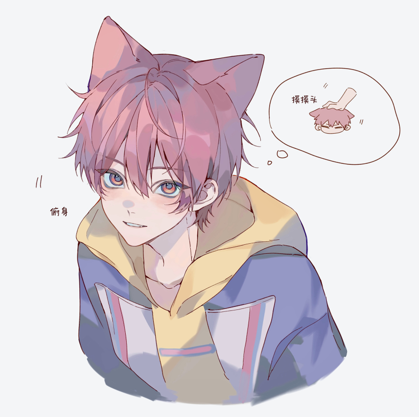 1boy, 54anya, absurdres, animal_ears, blue_jacket, blush, chibi, chibi_inset, chinese_commentary, chinese_text, fang, fox_boy, fox_ears, hair_between_eyes, headpat, highres, hood, hood_down, hoodie, jacket, kemonomimi_mode, li_tianchen, looking_at_viewer, male_focus, parted_lips, pink_hair, red_eyes, shiguang_dailiren, short_hair, simple_background, smile, solo, speech_bubble, thought_bubble, upper_body, white_background, yellow_hoodie