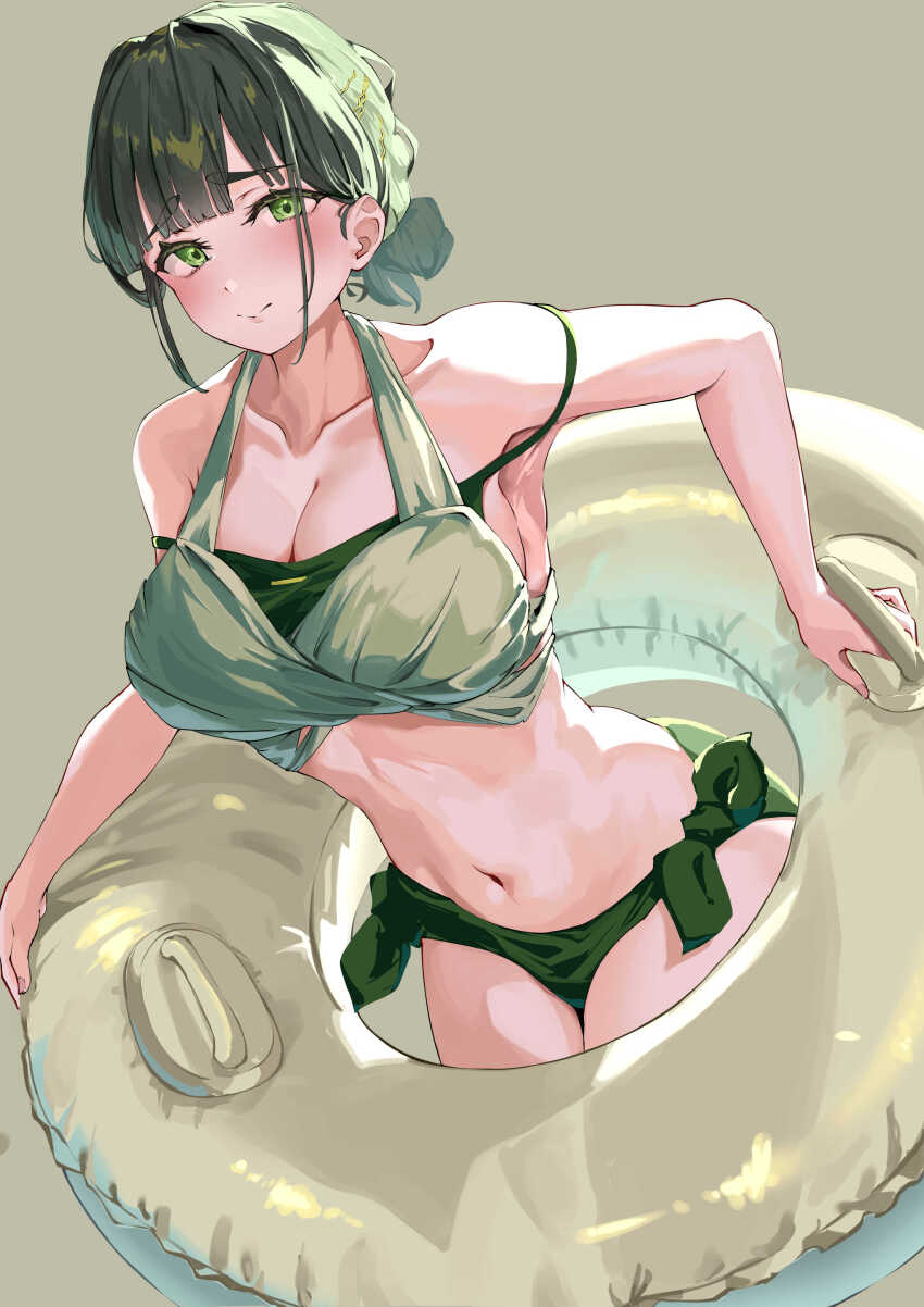 1girl, absurdres, backlighting, bare_shoulders, bikini, breasts, carskey1120, cleavage, collarbone, comiket_106, commentary, cowboy_shot, green_bikini, green_hair, grey_background, hashtag-only_commentary, highres, holding, holding_swim_ring, innertube, large_breasts, layered_bikini, leaning_forward, link!_like!_love_live!, looking_at_viewer, love_live!, momose_ginko, momose_ginko_(c106_swimsuit), navel, off-shoulder_bikini, off_shoulder, official_alternate_costume, sideboob, simple_background, solo, stomach, swim_ring, swimsuit, virtual_youtuber, white_bikini