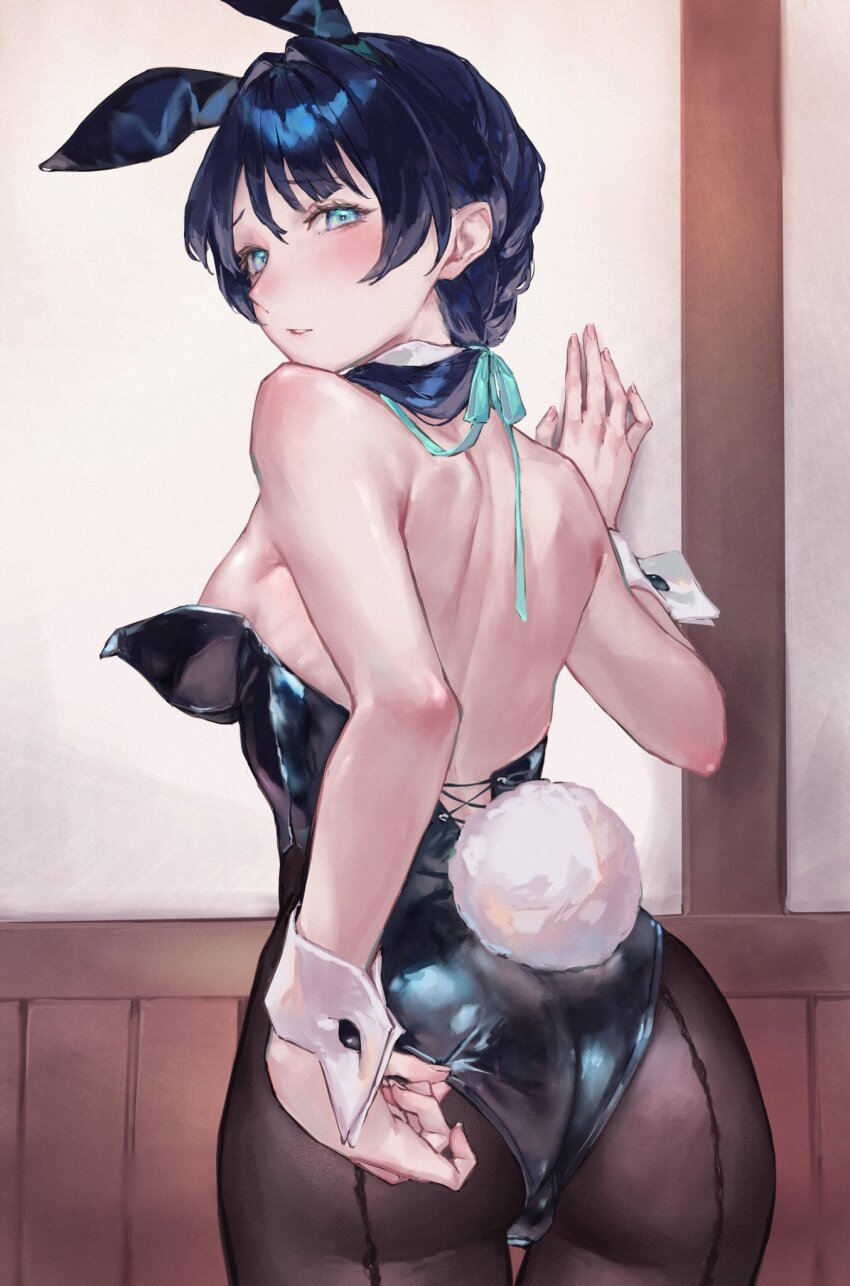 1girl, alternate_costume, animal_ear_hairband, animal_ears, ass, back, backless_leotard, black_leotard, black_pantyhose, blue_eyes, blue_hair, blue_ribbon, blush, breasts, commentary, cowboy_shot, embarrassed, fake_animal_ears, from_behind, hair_ribbon, hairband, highres, leotard, leotard_tug, link!_like!_love_live!, long_hair, love_live!, low_twintails, median_furrow, mitsuki_(micky_m1212), murano_sayaka, pantyhose, parted_lips, playboy_bunny, rabbit_ear_hairband, rabbit_ears, ribbon, shoulder_blades, small_breasts, solo, strapless, strapless_leotard, twintails, virtual_youtuber