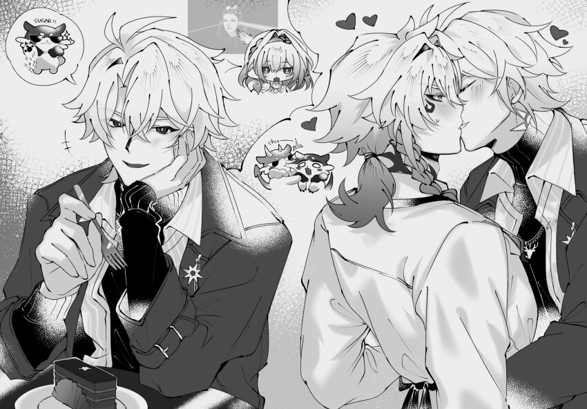 1girl, 2boys, absurdres, antenna_hair, apron, back, black_sweater, blush