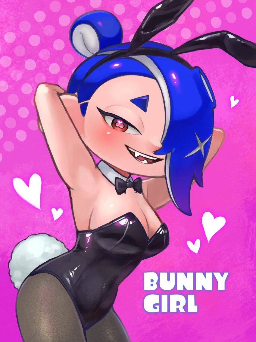 1girl, alternate_breast_size_(larger), alternate_costume, arms_behind_head, arms_up, blue_hair, blush, bow