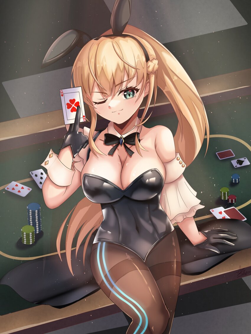 absurdres, animal_ears, black_leotard, blonde_hair, bow, braid, detached_collar, fake_animal_ears