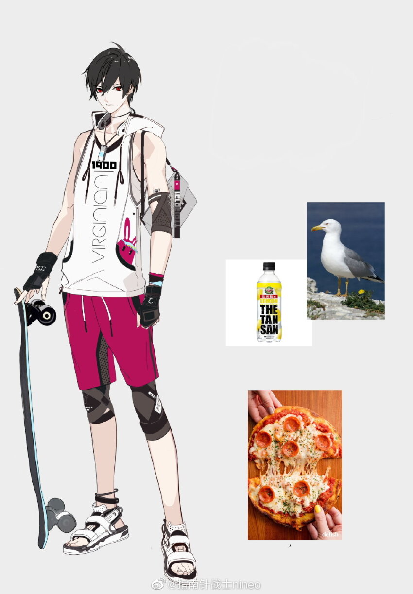 1boy, alternate_costume, animal_print, anklet, arms_at_sides, ayn_alwyn, ayn_alwyn_(azure_island), bag, bare_shoulders, bird, black_choker, black_gloves, black_hair, black_leggings, bottle, chinese_commentary, choker, closed_mouth, elbow_pads, fingerless_gloves, food, gloves, grey_background, hair_between_eyes, hand_guard, headphones, headphones_around_neck, highres, holding, holding_skateboard, hood, hood_down, hoodie, jewelry, knee_pads, leggings, looking_at_viewer, lovebrush_chronicles, male_focus, nineo, official_art, pendant, photo_inset, pink_shorts, pizza, print_shirt, rabbit_print, red_eyes, sandals, seagull, shirt, short_hair, shorts, shoulder_bag, simple_background, skateboard, sleeveless, sleeveless_hoodie, soda_bottle, solo, standing, watermark, weibo_watermark, white_hoodie, white_sandals