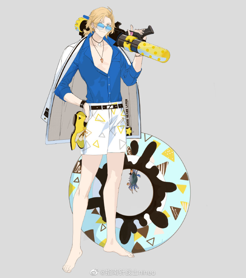 1boy, ahoge, alternate_costume, aqua_eyes, barefoot, belt, black_belt, blonde_hair