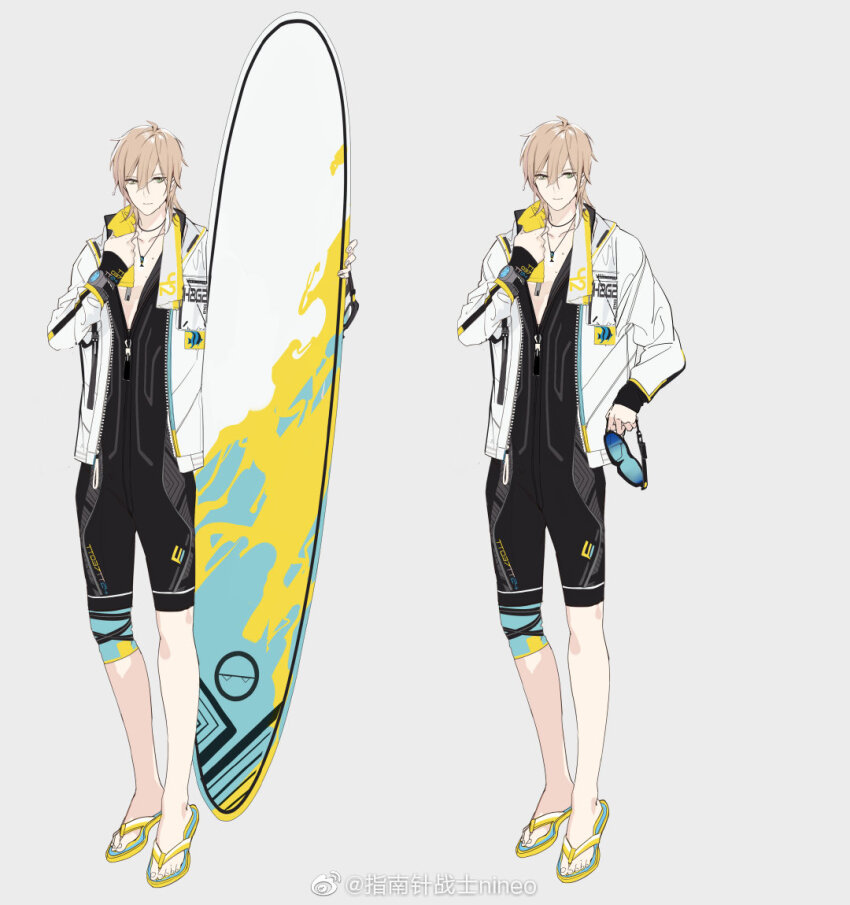1boy, alkaid_mcgrath, alkaid_mcgrath_(azure_island), alternate_costume, black_wetsuit, blonde_hair, bodysuit, chinese_commentary