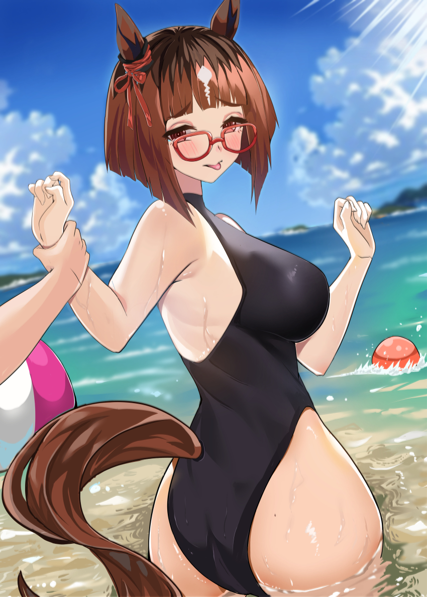 1girl, 1other, absurdres, animal_ears, ball, beach, bigboss021, black_one-piece_swimsuit
