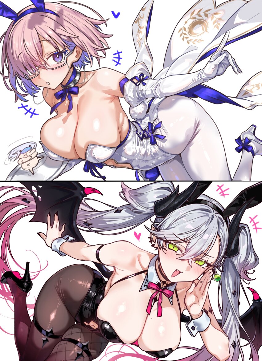 3girls, absurdres, animal_ears, bare_shoulders, black_leotard, blush, body_markings, bow