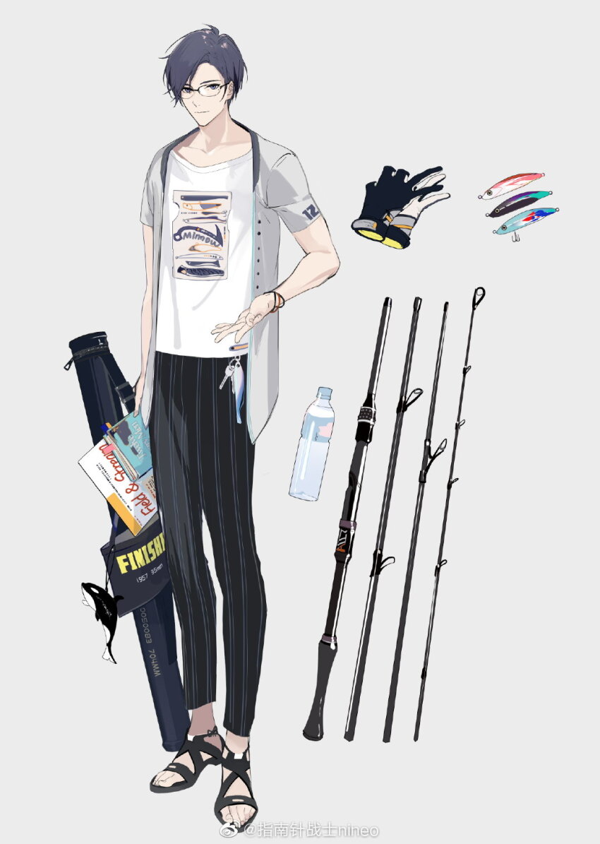 1boy, alternate_costume, bag, black_gloves, black_pants, black_sandals, blue_eyes, blue_hair
