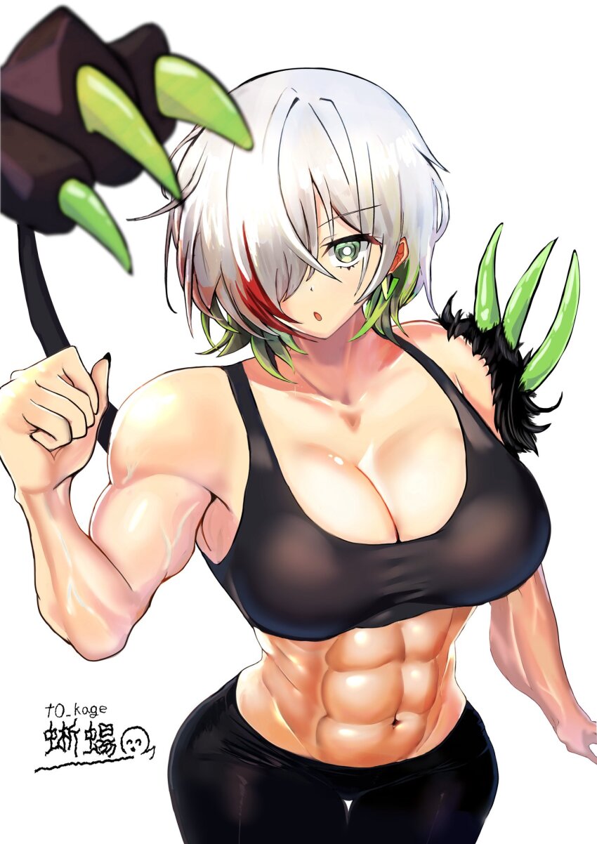 1girl, abs, black_bra, black_pantyhose, black_sports_bra, bra, breasts, cleavage