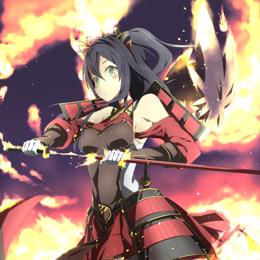 1girl, armor, armpits, asgr_yuma, bare_shoulders, black_hair, black_wings, breasts, detached_sleeves, emil_chronicle_online, fire, from_side, gloves, green_eyes, hair_ornament, highres, holding, holding_sword, holding_weapon, houou_alma, japanese_armor, kusazuri, large_breasts, long_hair, one_side_up, red_skirt, red_sleeves, shoulder_armor, skin_tight, skirt, solo, sword, weapon, white_gloves, wings
