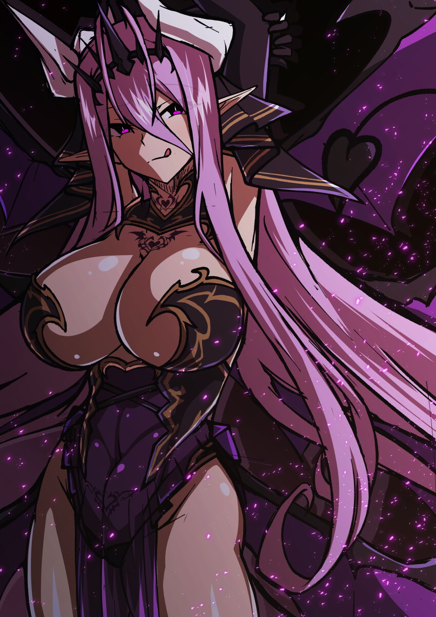 1girl, :q, absurdres, antenna_hair, aoi_tabane, armpits, arms_up, black_sclera, breasts, chest_tattoo, cleavage, colored_sclera, cowboy_shot, crown, demon_girl, demon_horns, demon_tail, demon_wings, dress, elbow_gloves, gloves, hair_between_eyes, highres, horns, huge_breasts, katsuragi_shiori, kouyoku_senki_exs-tia, large_breasts, licking_lips, long_hair, looking_at_viewer, luxiel_(exs-tia), pelvic_curtain, pink_hair, pointy_ears, pubic_tattoo, pubic_tattoo_visible_through_clothes, purple_dress, purple_eyes, purple_hair, purple_wings, see-through_clothes, smile, solo, tail, tattoo, tongue, tongue_out, very_long_hair, wings