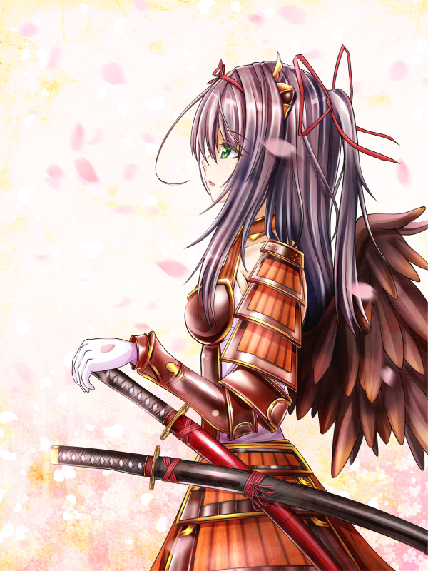 1girl, aneten, armor, black_hair, black_wings, bow, breastplate, emil_chronicle_online, from_side, gloves, gradient_wings, green_eyes, hair_bow, hair_ribbon, houou_alma, japanese_armor, katana, kusazuri, long_hair, multicolored_wings, one_side_up, open_mouth, red_ribbon, red_wings, ribbon, shoulder_armor, solo, sword, weapon, white_gloves, wings