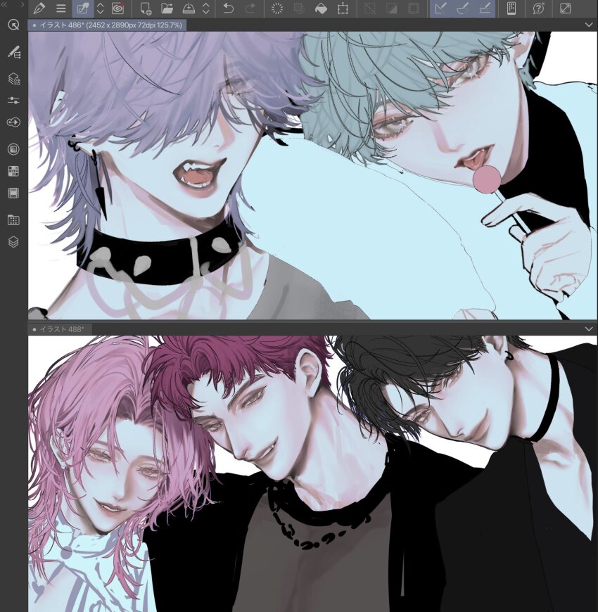 5boys, abby_(kpop_demon_hunters), art_program_in_frame, baby_(kpop_demon_hunters), black_hair, candy, choker, earrings