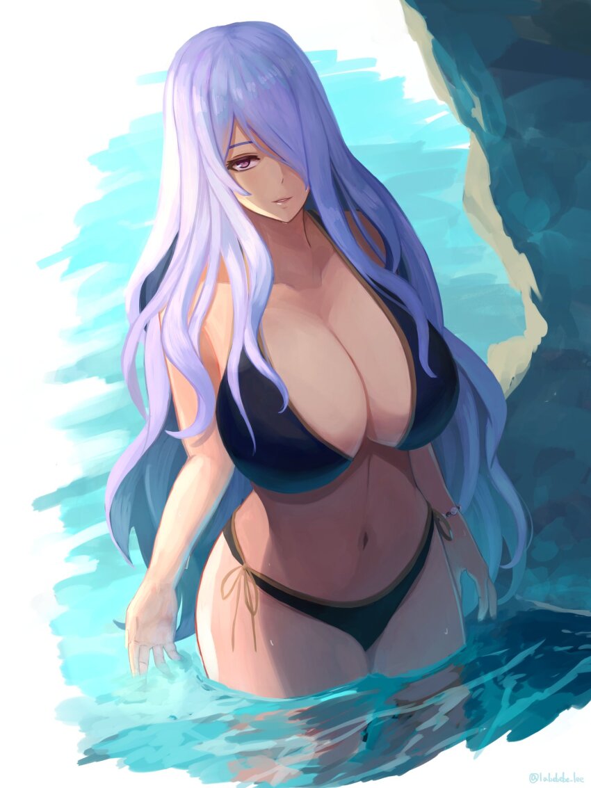 1girl, alternate_costume, bare_shoulders, bikini, black_bikini, breasts, camilla_(fire_emblem), cleavage