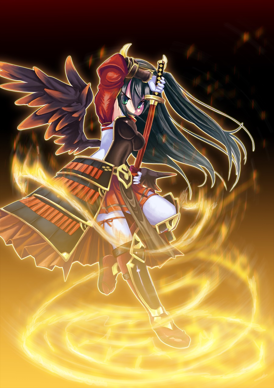 1girl, armor, armored_boots, black_hair, black_wings, boots, breastplate, breasts, detached_sleeves, emil_chronicle_online, fire, gloves, gradient_wings, green_eyes, highres, holding, holding_sword, holding_weapon, houou_alma, japanese_armor, katana, kusazuri, large_breasts, loincloth, long_hair, minato3, multicolored_wings, one_side_up, red_skirt, red_sleeves, red_wings, skirt, solo, sword, thighhighs, weapon, white_gloves, white_thighhighs, wings