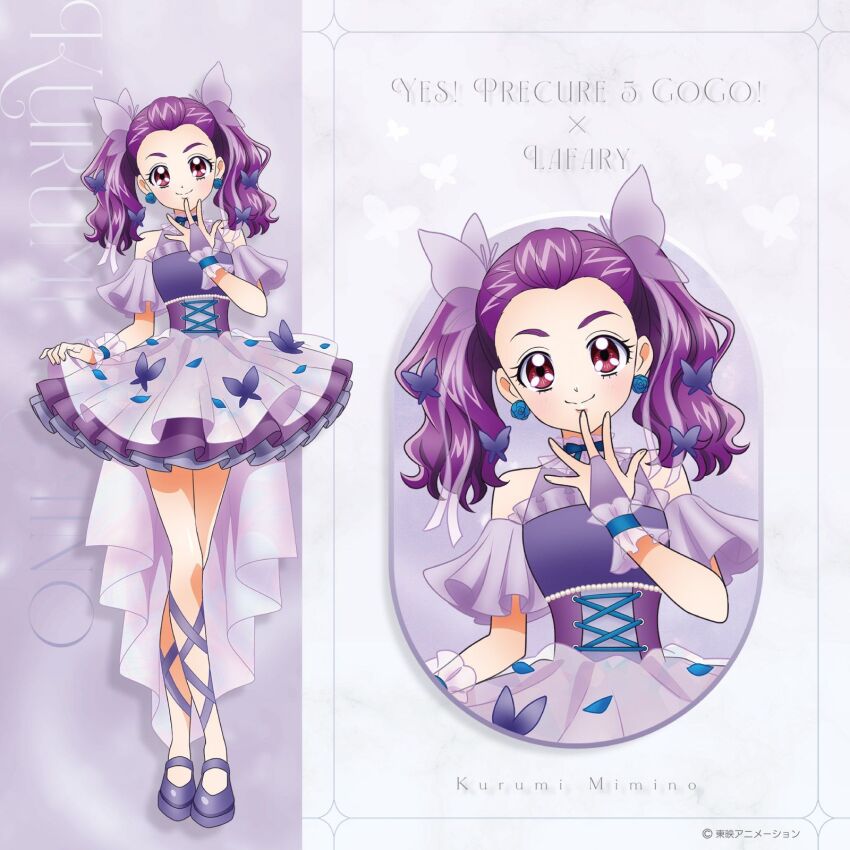 1girl, blue_flower, blue_rose, butterfly_hair_ornament, commentary_request, crossed_legs, detached_sleeves, dress, earrings, fingerless_gloves, flower, flower_earrings, frilled_wrist_cuffs, frills, gloves, hair_ornament, hand_on_own_face, highres, jewelry, lace-up_heels, light_blush, mimino_kurumi, mimino_kurumi_(lafary), official_alternate_costume, official_art, petals, pink_eyes, precure, purple_dress, purple_hair, rose, rose_petals, see-through_clothes, solo, solo_focus, standing, thick_eyebrows, twintails, wrist_cuffs, yes!_precure_5, yes!_precure_5_gogo!