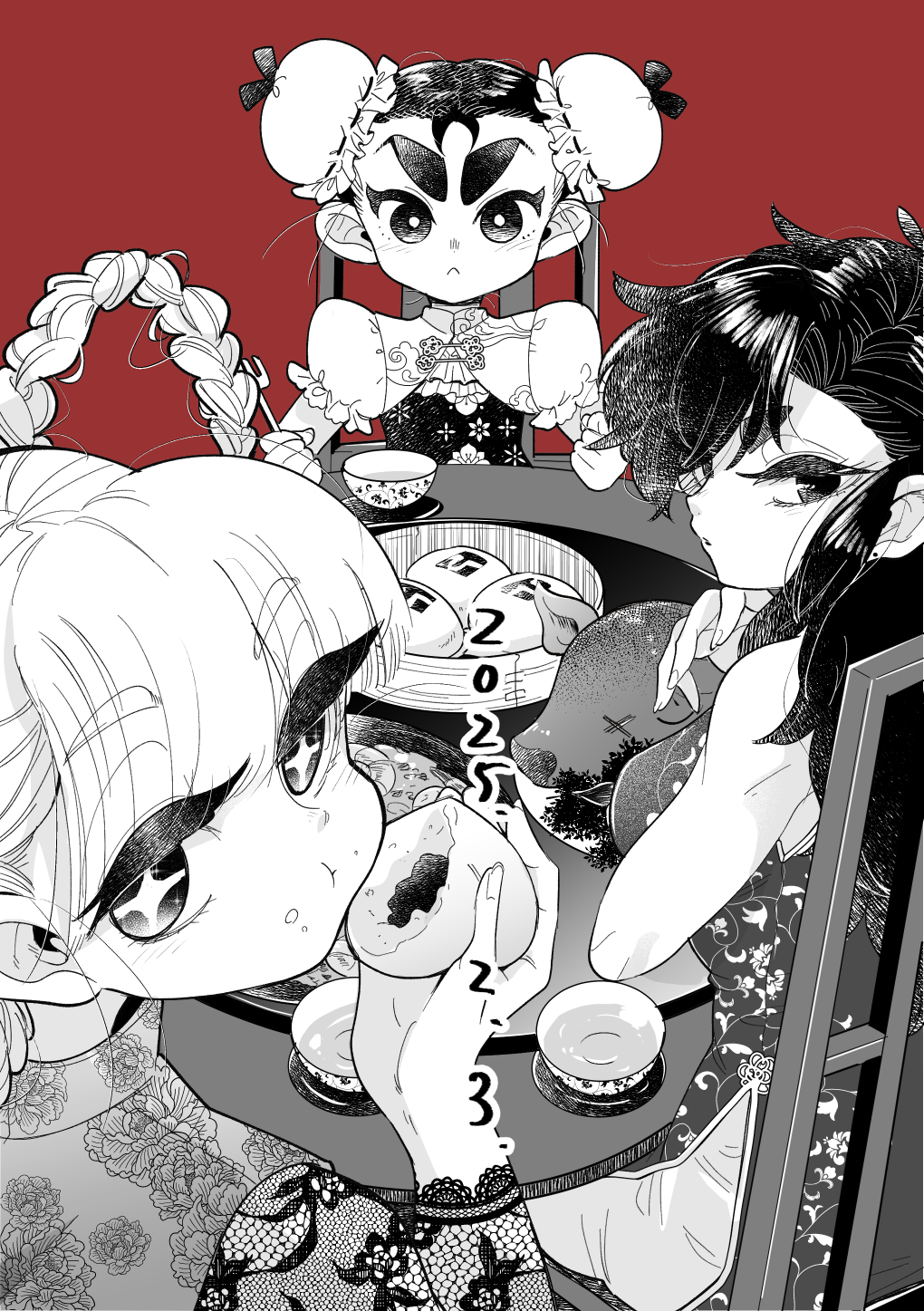 +_+, 3girls, arigasaki_chitose, bamboo_steamer, chair, china_dress, chinese_clothes, cup