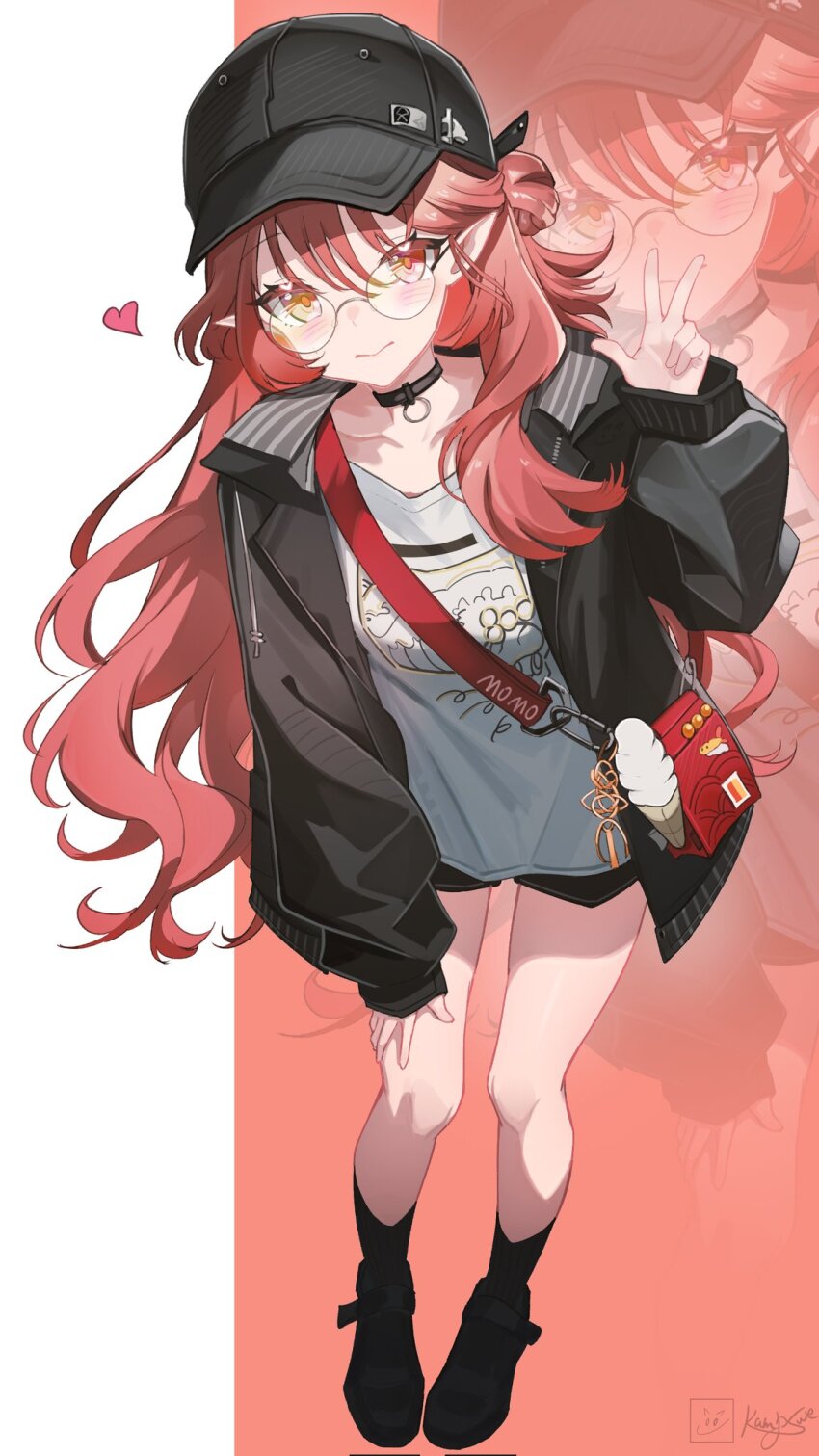 1girl, arknights, bag, baseball_cap, black_boots, black_choker, black_hat, black_jacket