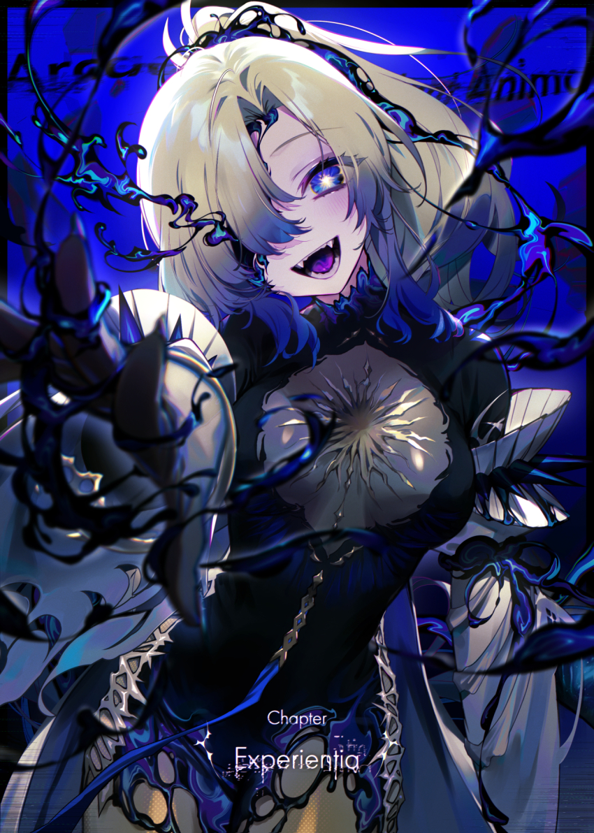 1girl, :d, arcaea, black_bodysuit, black_gloves, blonde_hair, blue_background, blue_eyes, blush, bodystocking, bodysuit, breasts, cowboy_shot, curtained_hair, eye_trail, fangs, gloves, hair_over_one_eye, highres, light_trail, long_sleeves, medium_breasts, medium_hair, nonoka_(arcaea), nonoka_(awakened)_(arcaea), one_eye_covered, open_mouth, ponytail, reaching, reaching_towards_viewer, smile, solo, standing, suzunashi, white_sleeves