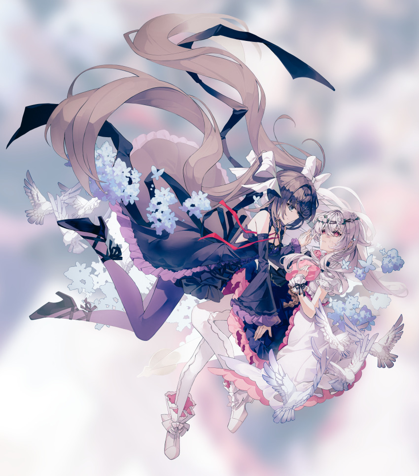 2girls, absurdres, ankle_lace-up, arcaea, bare_shoulders, bird, black_dress, black_hair