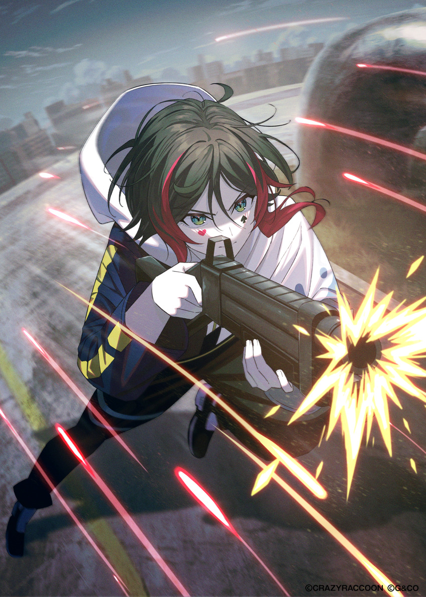 1boy, black_hair, black_pants, blue_hoodie, building, bullet, club_(shape), club_facial_mark