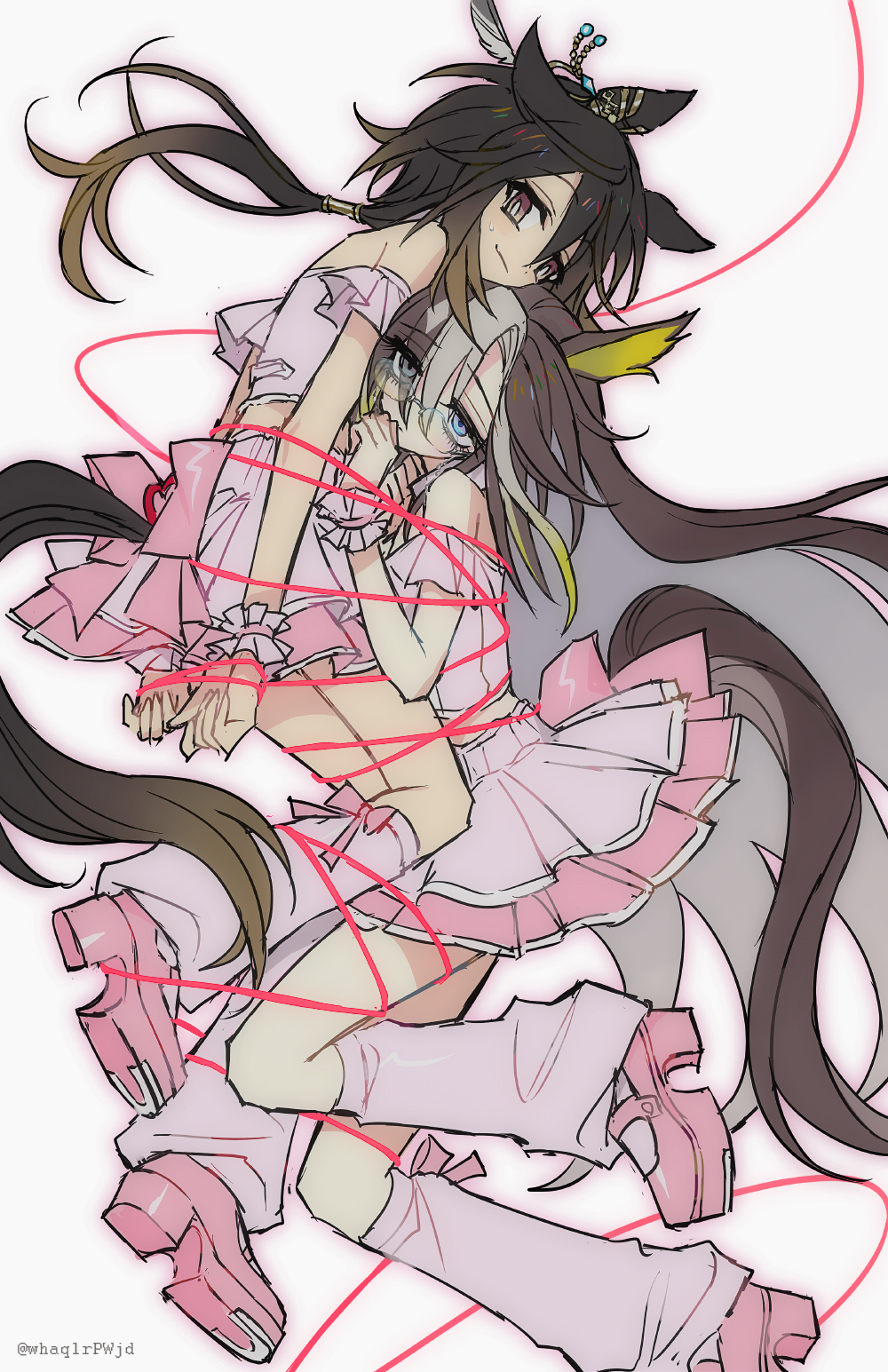 2girls, animal_ears, blue_eyes, bound, bound_together, bound_wrists, brown_eyes, brown_hair