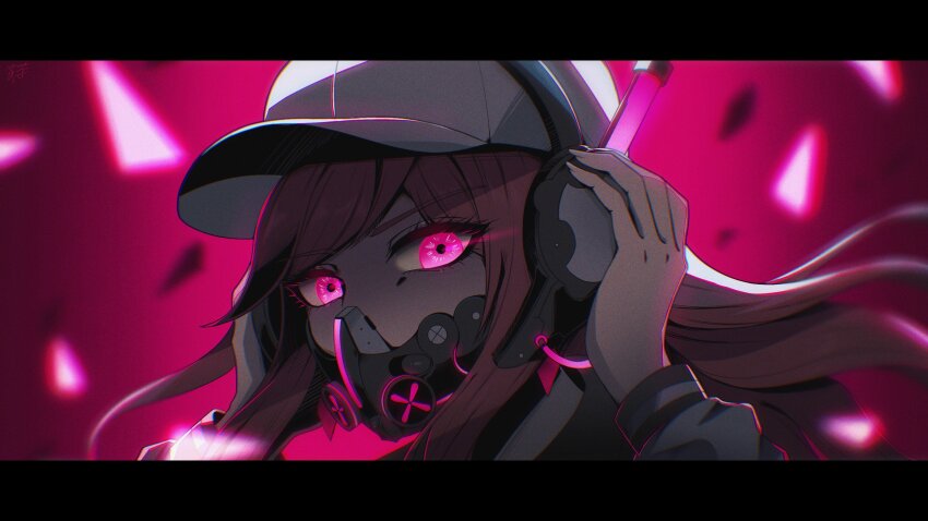 1girl, absurdres, baseball_cap, brown_hair, eyelashes, hands_up, hat, headphones