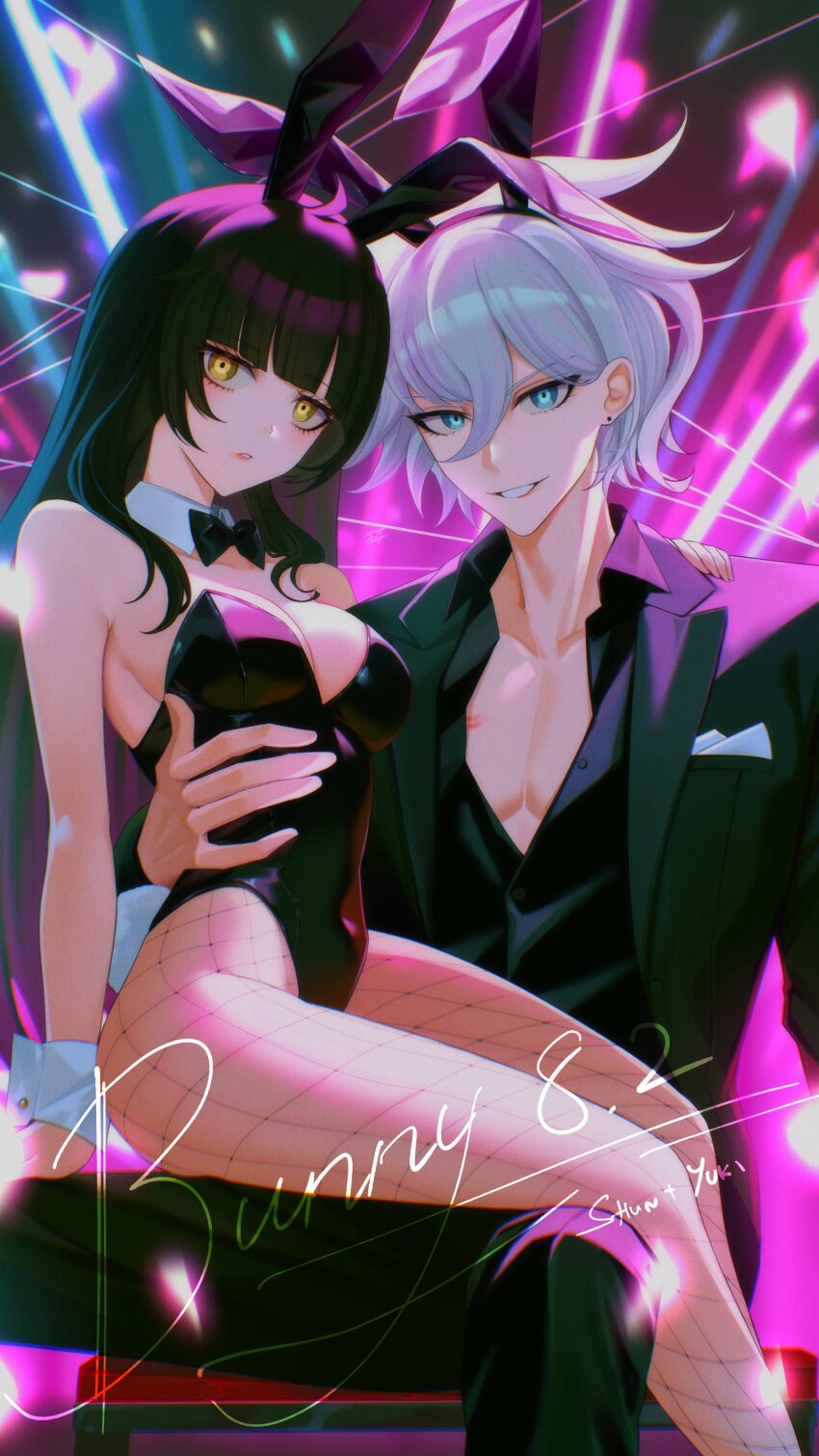 1boy, 1girl, absurdres, animal_ears, black_hair, black_jacket, black_leotard, black_pants