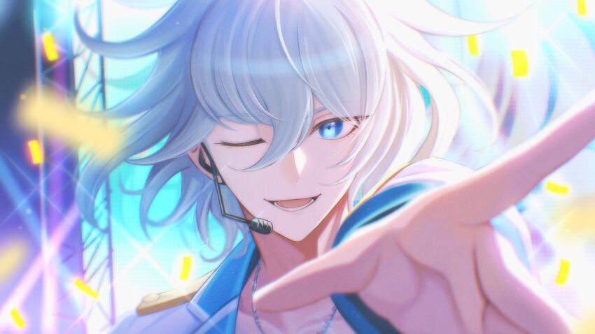 1boy, absurdres, blue_eyes, commentary, confetti, earpiece, english_commentary, hair_between_eyes