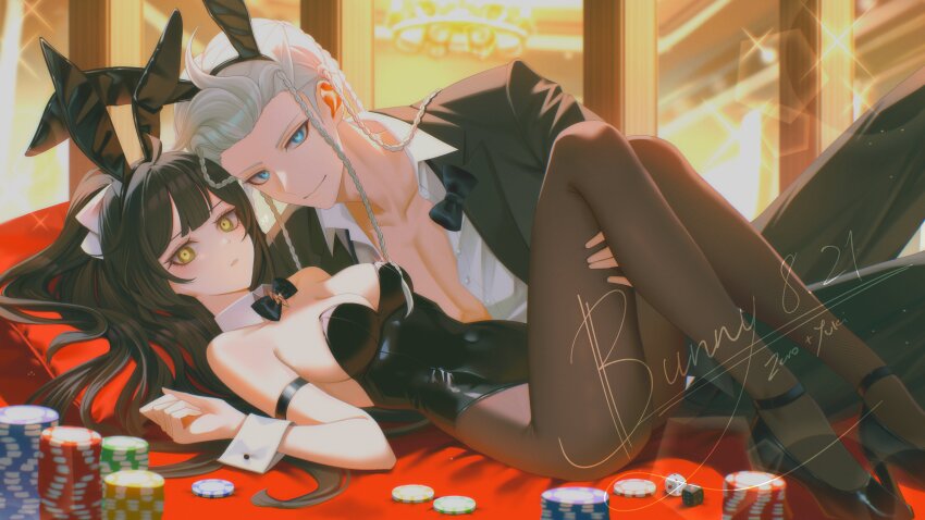 1boy, 1girl, absurdres, animal_ears, black_bow, black_bowtie, black_jacket, black_leotard