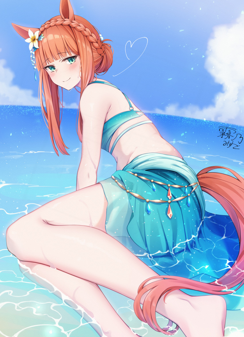 1girl, absurdres, animal_ears, aqua_eyes, bikini, blue_bikini, blue_sarong, blue_sky