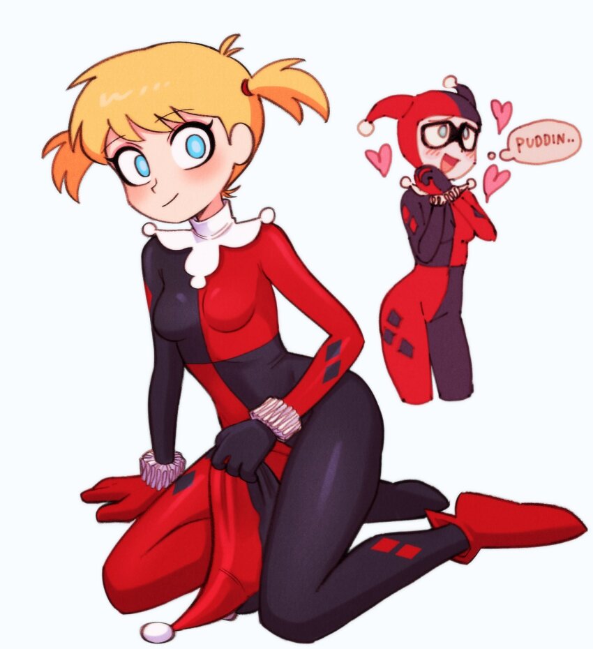 arm_support, asymmetrical_gloves, black_eyeliner, blonde_hair, blue_eyes, blush, bodysuit, breasts