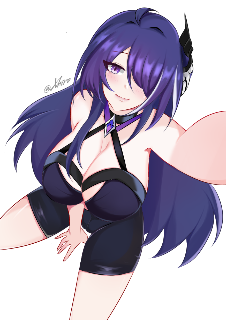 1girl, acheron_(honkai:_star_rail), artist_name, black_shorts, breasts, cleavage, commentary_request, crop_top, diamond-shaped_pupils, diamond_(shape), from_above, hair_ornament, highres, honkai:_star_rail, honkai_(series), large_breasts, looking_at_viewer, pov, purple_eyes, purple_hair, shorts, simple_background, smile, symbol-shaped_pupils, white_background, xhiro