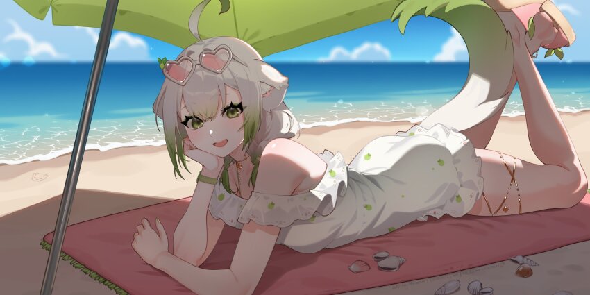 1girl, ahoge, animal_ears, ass, beach, bikini, braid, breasts, cloud, cloudy_sky, dress, ferret, ferret_ears, ferret_girl, ferret_tail, frilled_dress, frills, gold_choker, gold_thighlet, gradient_hair, gradient_tail, green_hair, green_nails, green_tail, heart, heart-shaped_eyewear, highres, limealicious, limealicious_(summer), lying, medium_breasts, multicolored_hair, multicolored_tail, ocean, official_alternate_costume, official_art, on_stomach, pink_nails, roxoah, sand, seashell, shell, sky, summer, sundress, swimsuit, tail, thighlet, thighs, towel, twin_braids, two-tone_hair, two-tone_tail, umbrella, vinesauce, virtual_youtuber, watch, white_hair, white_tail, wristwatch