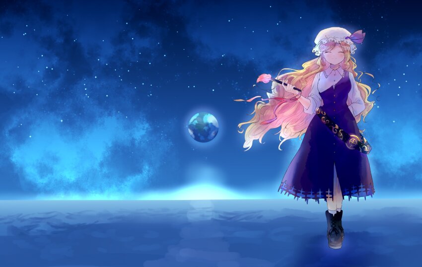 1girl, ^_^, ankle_boots, arm_behind_back, belt, black_boots, blonde_hair, boots