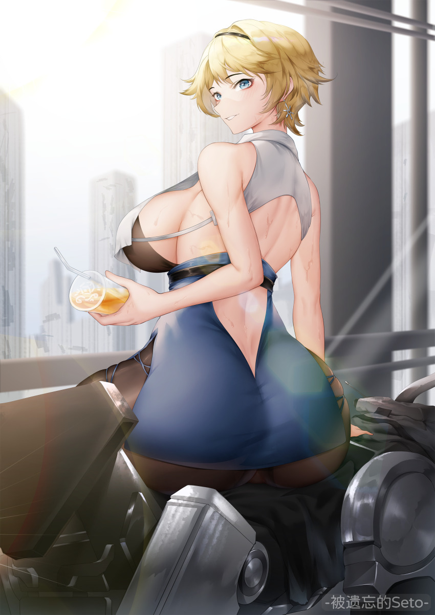 1girl, absurdres, arm_support, artist_name, ass, back, black_bra, black_hairband