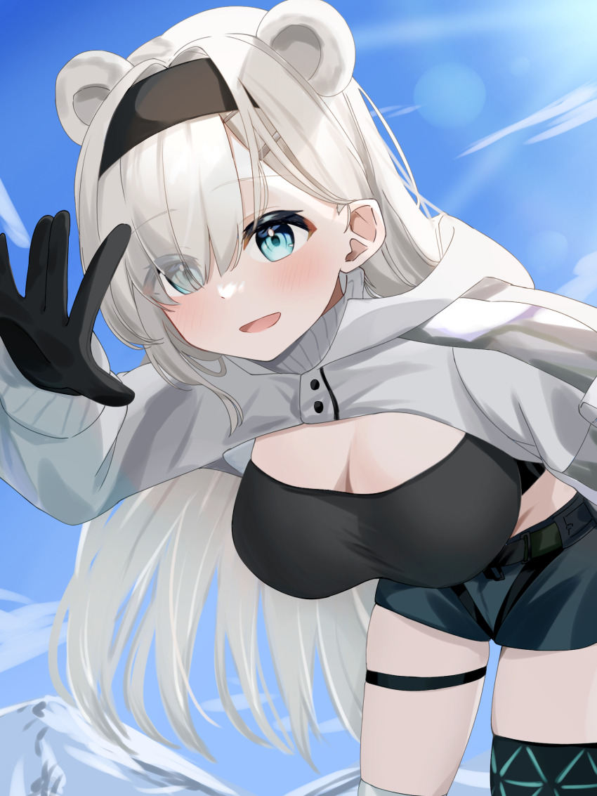 1girl, :d, animal_ears, arknights, aurora_(arknights), aurora_(elite_ii)_(arknights), bear_ears, bear_girl