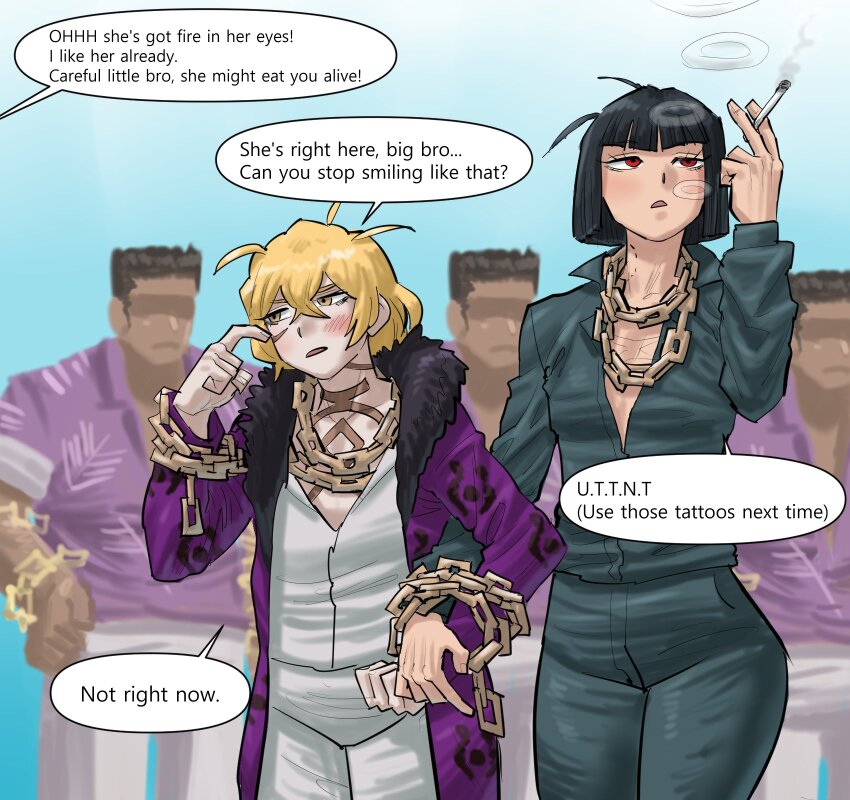 1girl, 4boys, aftersex, bite_mark, black_hair, blonde_hair, blush, chain