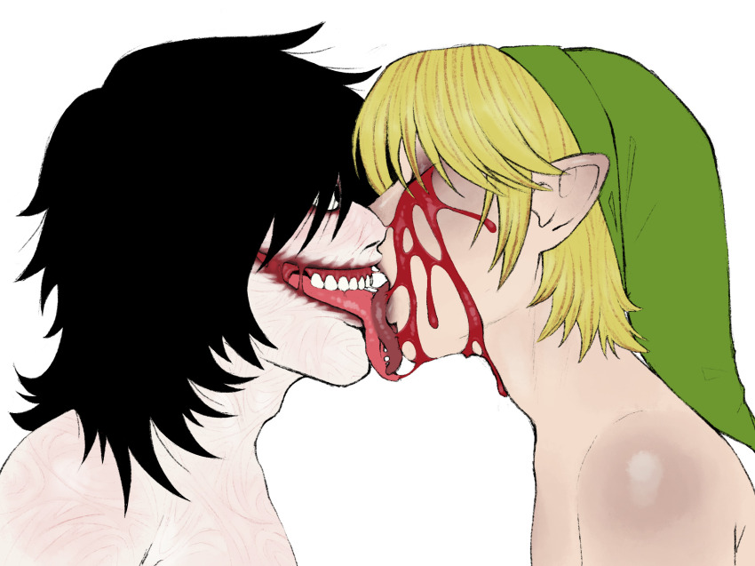 2boys, ben_drowned, black_hair, blonde_hair, blood, blood_on_face, bloody_tears, closed_eyes