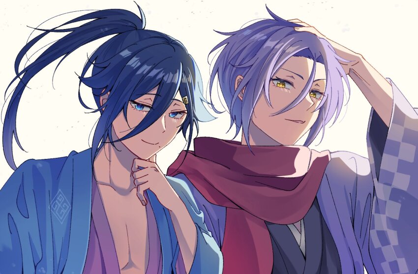 2boys, ahoge, blue_eyes, blue_hair, cecilus_segmunt, closed_mouth, everyone, hair_between_eyes