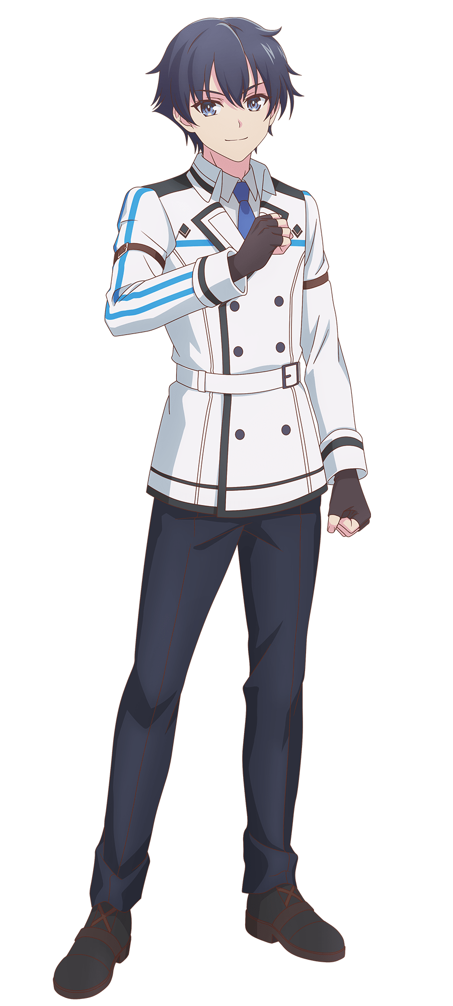 1boy, anime_coloring, belt, black_gloves, black_hair, black_pants, blue_eyes, blue_necktie